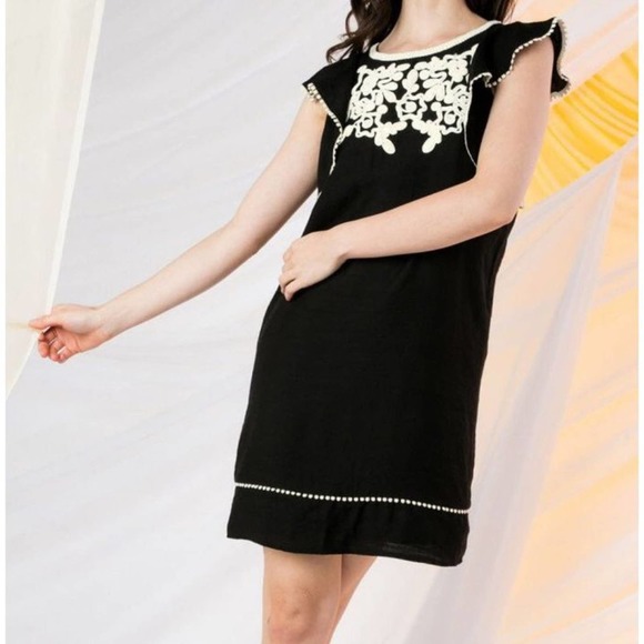 TMHL Womens Ruffle Sleeve Motif Dress Embroidered Ruffle Sleeve - Picture 1 of 6